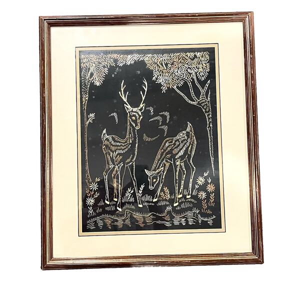 VTG 1930s Embroidery Under Glass DEER ART Framed Doe Buck Forest Stream 18.5x22"